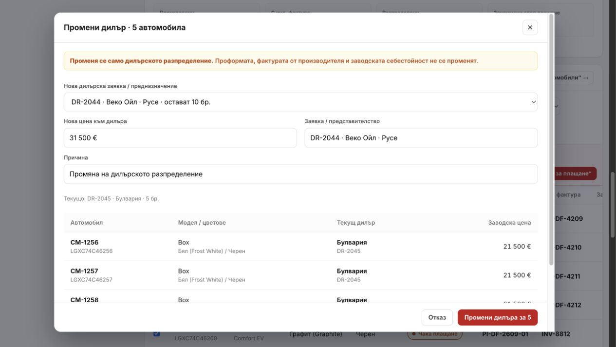 Flow 5A - масова смяна на дилър за произведени автомобили